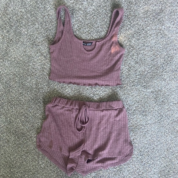 SHEIN Waffle Knit Solid PJ Set Mauve - Picture 2 of 2